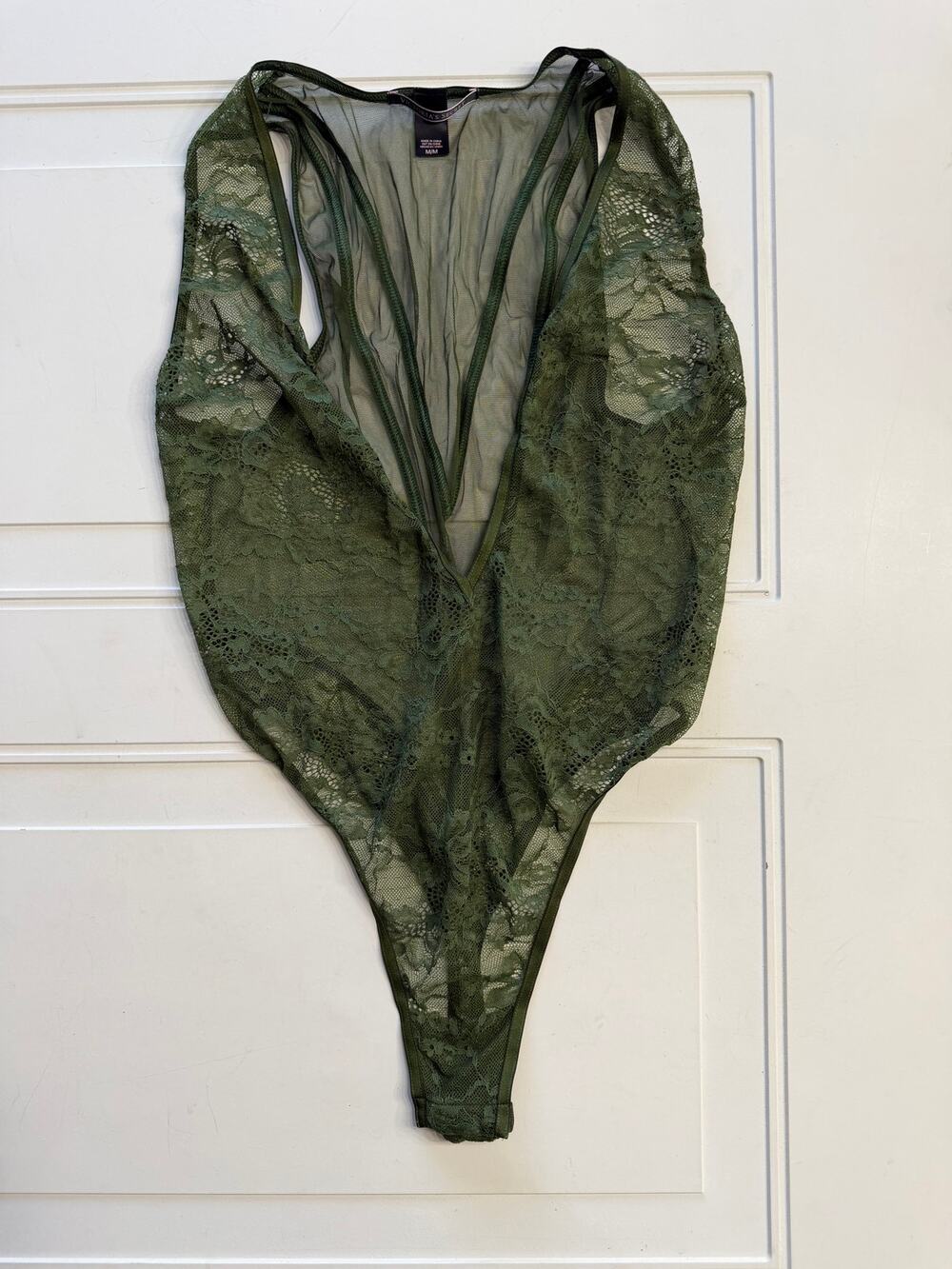 Victorias Secret Womens Sz M Green Lace Deep V Neck Lingerie Bodysuit Intimates